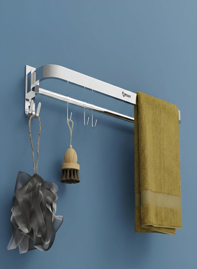 GRIVAN Premium Stainless Steel 24 Inch Foldable Towel Rack/Rod/Stand for Bathroom, Towel Holder with Hooks and Hanger (Silver, Chrome Finish) - Image 1